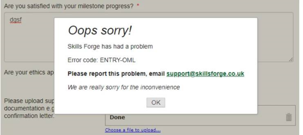 Inspire error message: Oops Sorry, Skills Forge has had a problem....