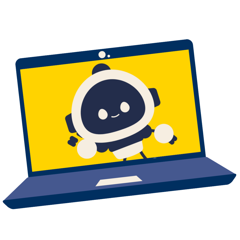 Decorative cartoon image of a laptop with an AI robot